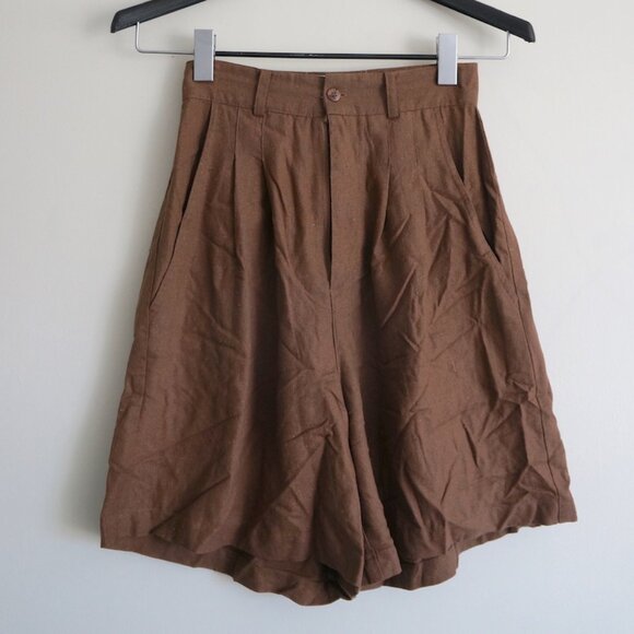 Vintage Brown Raw Silk Pleated Shorts XS - Picture 1 of 3